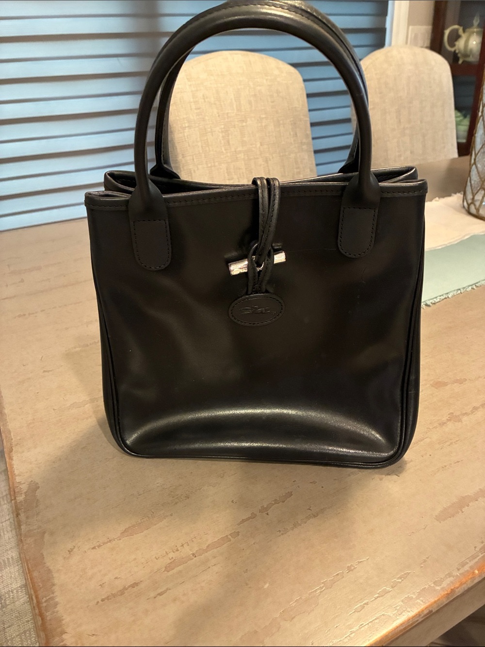 Longchamp Black Smooth Leather Top-Handle Tote with Knot Detail